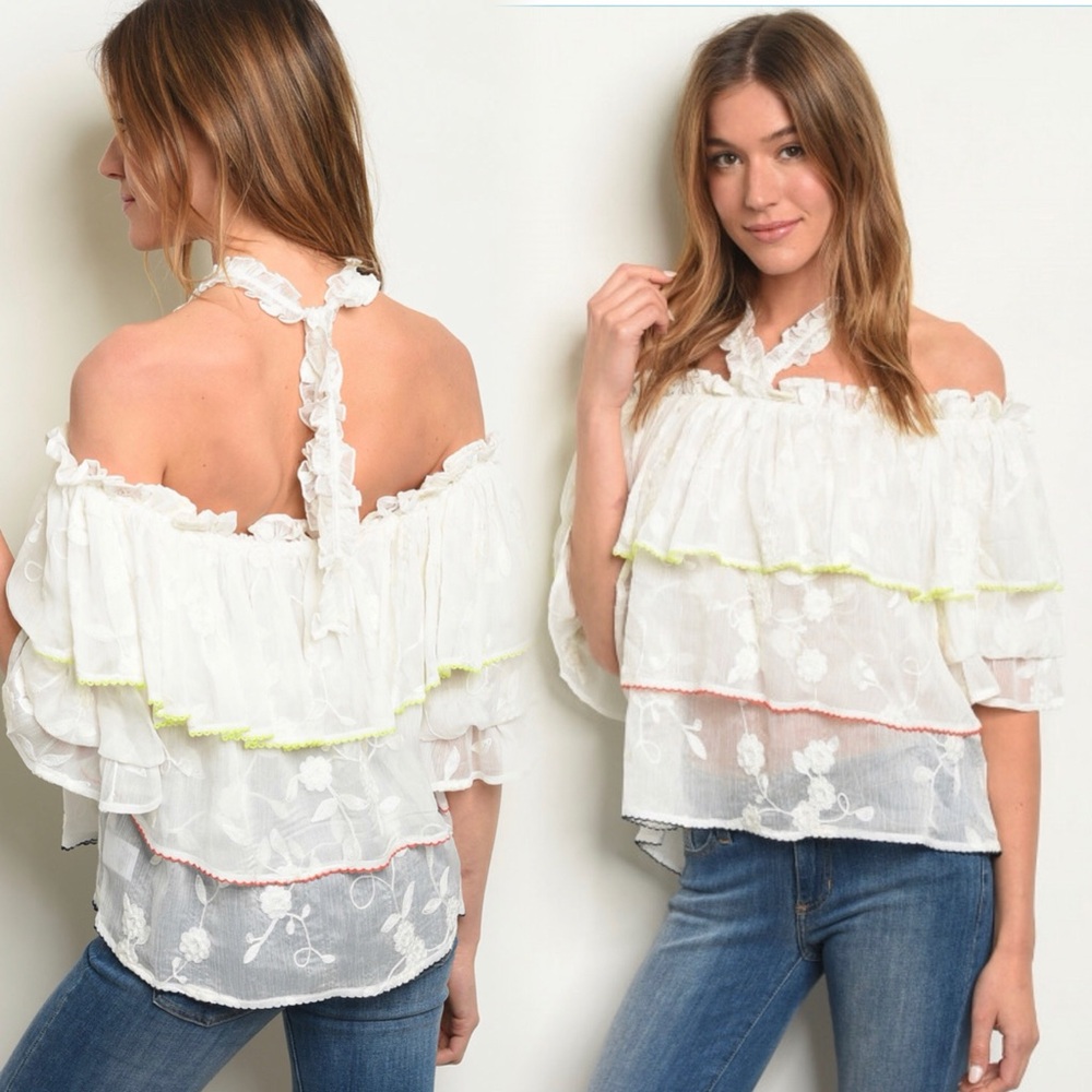 Women’s White Off-Shoulder Ruffle Blouse with Floral Embroidery